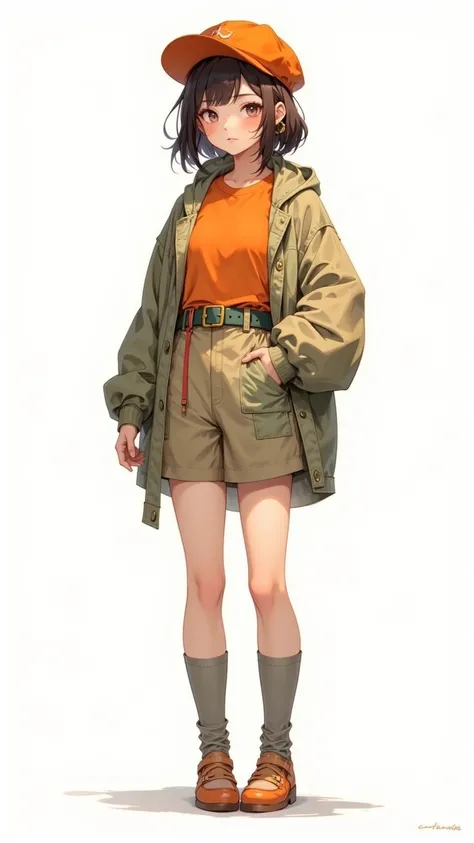  Beautiful one wearing modern street clothes Girls。 Wearing a warm shade orange hat T-shirt ， Wide cotton jacket with green belt pocket ， Bright orange pen-hat 。 Girl standing in a light pose ， Confident and calm expression 。Simple illustration style ， Cle...