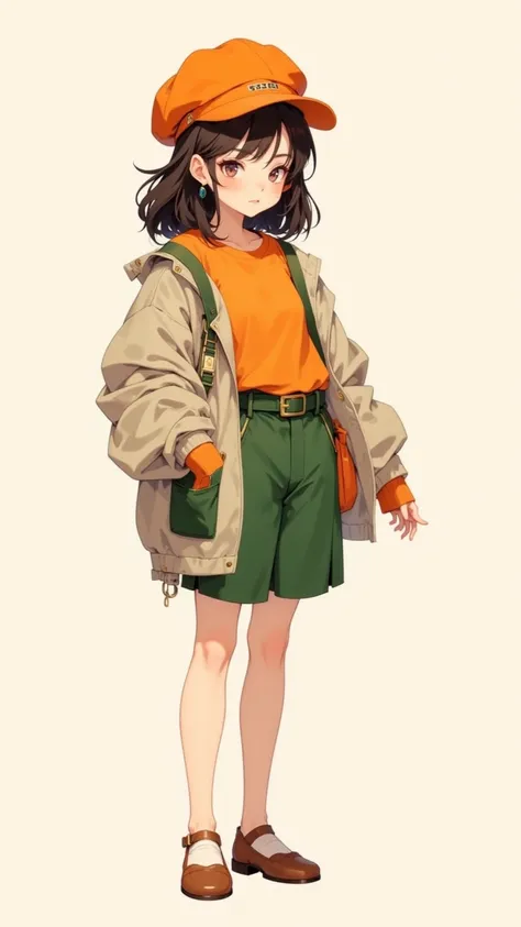  Beautiful one wearing modern street clothes Girls。 Wearing a warm shade orange hat T-shirt ， Wide cotton jacket with green belt pocket ， Bright orange pen-hat 。 Girl standing in a light pose ， Confident and calm expression 。Simple illustration style ， Cle...