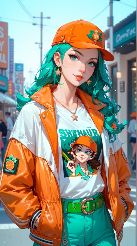  Beautiful one wearing modern street clothes Girls。 Wearing a warm shade orange hat T-shirt ， Wide cotton jacket with green belt pocket ， Bright orange pen-hat 。 Girl standing in a light pose ， Confident and calm expression 。Simple illustration style ， Cle...