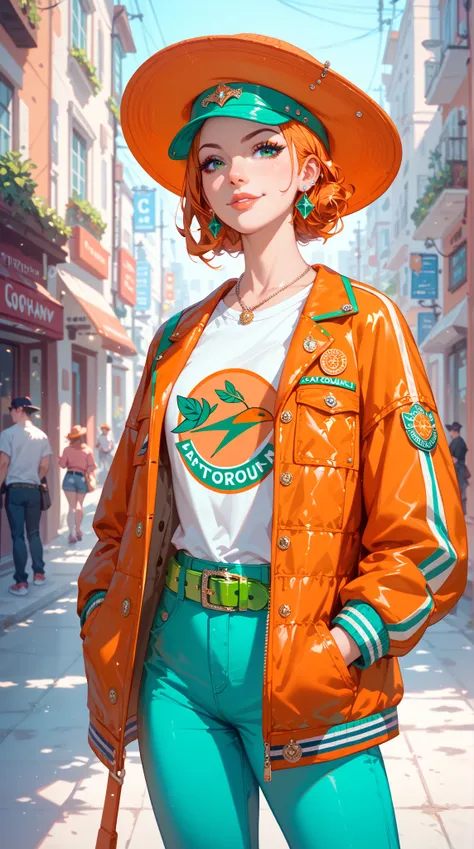  Beautiful one wearing modern street clothes Girls。 Wearing a warm shade orange hat T-shirt ， Wide cotton jacket with green belt pocket ， Bright orange pen-hat 。 Girl standing in a light pose ， Confident and calm expression 。Simple illustration style ， Cle...