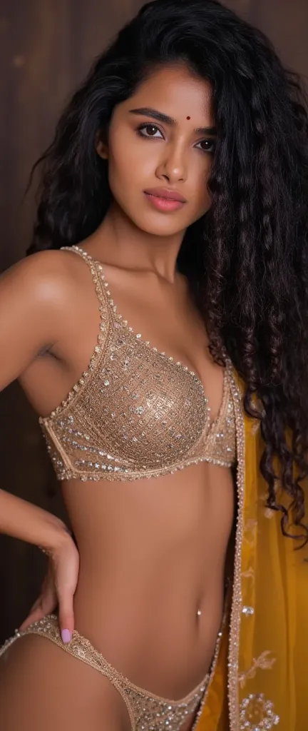 Front view,((hyperrealism)) , long dense hair,above thigh close up bust shot,Beautiful natural woman,((showing navel and cleavage)), she resembles a godess , milf body sexy,sexy facial expressions, she is wearing a lingerie which reveals her cleavage,waist...