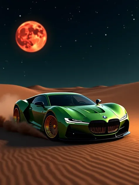 A green bmw car with golden wheel and golden front indicator light with dashing 45°angel looking like drifting on a extremely derk night with dark red moon and star light.the car was drifting in a desert road