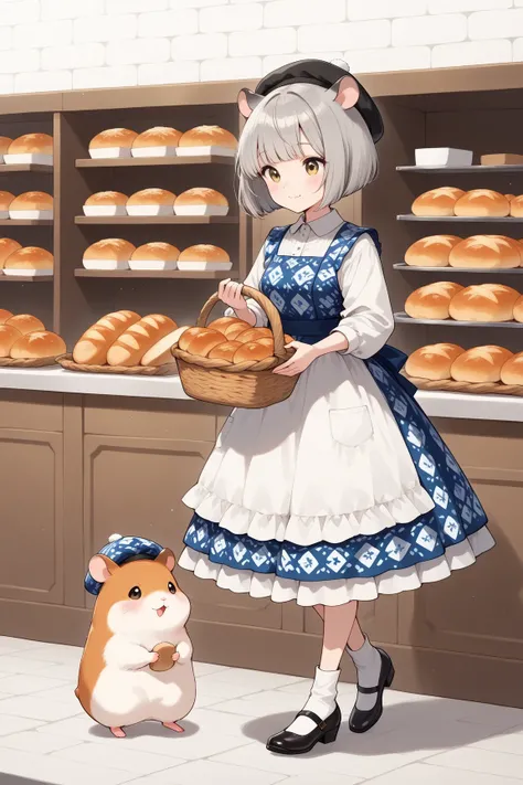 score_9, score_8_up, score_7_up,cute　Illustration,(Hamuko-chan ,Hamster girl, 1girl ,Alone,full　body,(gray hair: bob cut hair:1.3),Make bangs,Scandinavian pattern clothes and hats,hamster ears),There is a hamster beside her,Holding a woven basket filled wi...