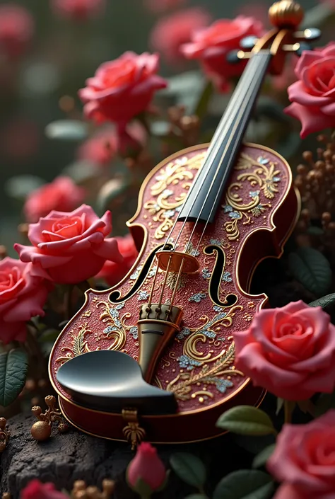 (absurdities, high resolution , lighting is very detailed), ornate violin , roses, pearl, gold, diamonds, Ultra photorealism , super thin, 8 k,Premium wallpapers , Highest image quality,3d,C4D,Masterpieces of the Master, rendering octane