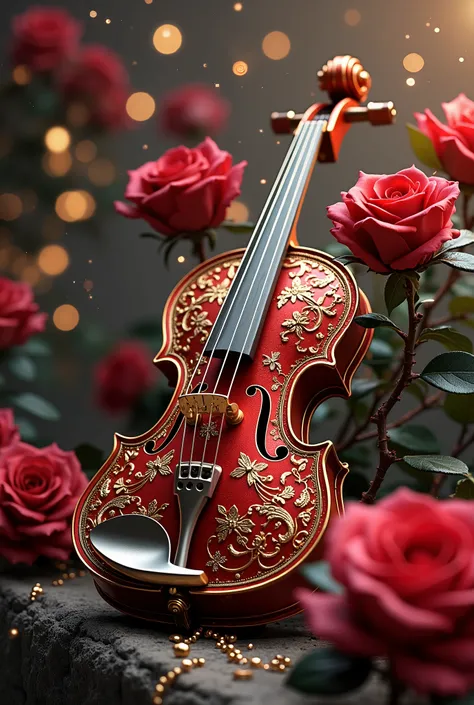 (absurdities, high resolution , lighting is very detailed), ornate violin , roses, pearl, gold, diamonds, Ultra photorealism , super thin, 8 k,Premium wallpapers , Highest image quality,3d,C4D,Masterpieces of the Master, rendering octane
