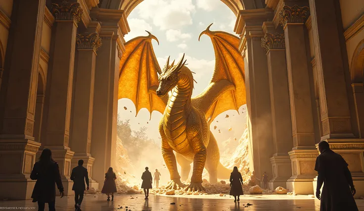 A majestic golden dragon with shimmering metallic scales bursts through the grand entrance of an ancient museum, its powerful wings unfurling as shards of marble and glass scatter in all directions. The dragon's eyes glow with an otherworldly light, and it...