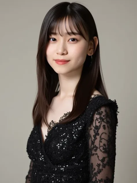 one young  beatiful women named Yamashita Shizuki. She has a brown very long wavy hair. She is asian pale skin. She is wearing push-up gorgeous glitter and Metallic Look black dress