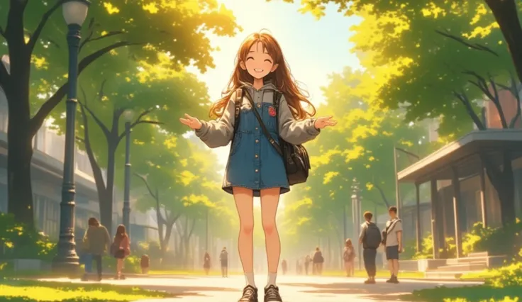 Female College Student (alone, long brown hair, smiling), gray hoodie, denim shirt dress, black converse sneakers, backpack on back, hands in piece (5 fingers), smile at me, cheerful, college campus, street trees, bright morning sun, masterpiece, high qual...