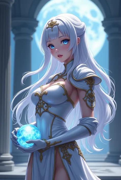  "4K anime style quality, digital drawing mode, Roman mythology-themed anime female character, silver hair with moonlight glow, mystical blue eyes, wearing a white armor with celestial symbols, holding a glowing orb, Blur the background to create a three-d...