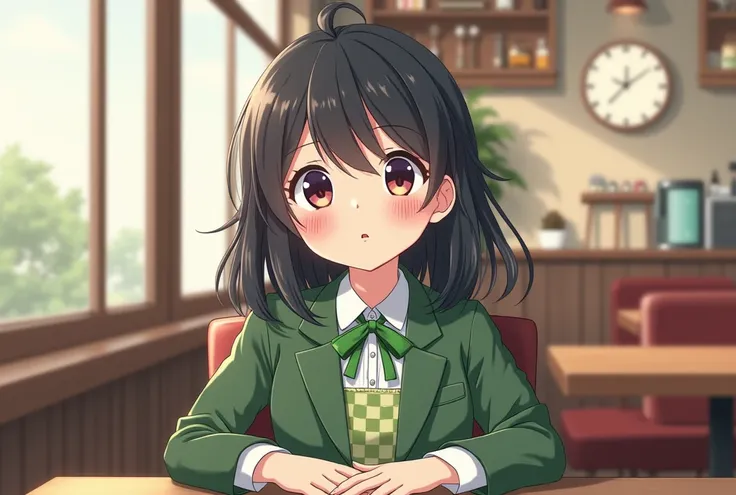  coffee shop　 Messy Medium Bob　 high school girl　 cute　 Japanese　fine　stupid hair　 black hair　
checked green skirt 　Green blazer　 Messy Medium Bob　high school girl　cute　 fine 　Ahoge　Black Hair 1girl Green ribbon on chest　 anime picture　Moe Style 　 Asking Y...