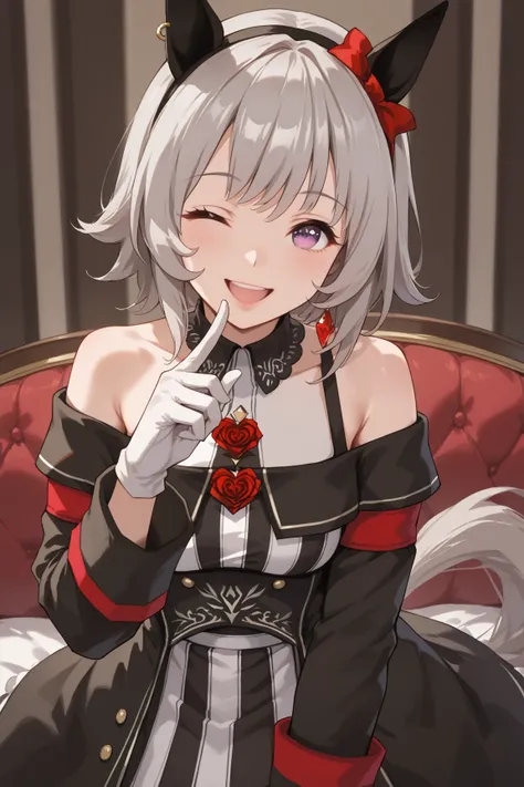  horse ears、 headband , earrings,  Grey Hair  ,    medium hair  ,    purple eyes,  Horsetail,r4ce,  OFF SHOULDER,  black dress ,  striped dress,  Long Sleeve,  white gloves,   Karen Chan、 small、  wink、Give me chocolate、smile、 Valentine's Day 、Give me choco...