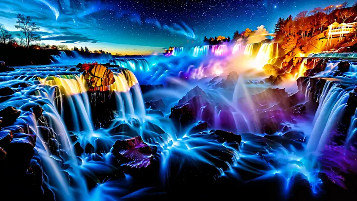 A masterpiece in 32K resolution , Top Quality , very well detailed , realistic expression, high-resolution 32K wallpaper , shot with a fisheye lens , Multi-tiered waterfall flow , Niagara Falls , spectacular scale , It's a very high wa...