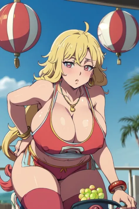 shizuka mikazuki, long messy curly hair,Sweat,Wide hips,Thick tights,Thick lips,Soft expression,chain Necklace,gold hoopa earring,hoopa bracelet,colored long nail,car caravan background,Outside,Blue sky,light blue Eyeshadow,light blush,Needy attitude,Gaze ...