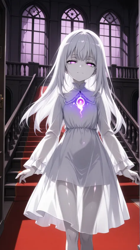 (masterpiece, top quality, highly detailed, incredibly high resolution, high quality anime picture), beautiful young female ghost, (tattered white dress), (white hair, glowing purple eyes, half-closed eyes, glossy lips, split mouth, shadowed face: 1.3, cra...