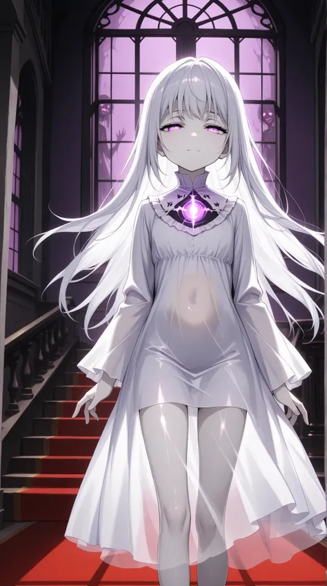 (masterpiece, top quality, highly detailed, incredibly high resolution, high quality anime picture), beautiful young female ghost, (tattered white dress), (white hair, glowing purple eyes, half-closed eyes, glossy lips, split mouth, shadowed face: 1.3, cra...