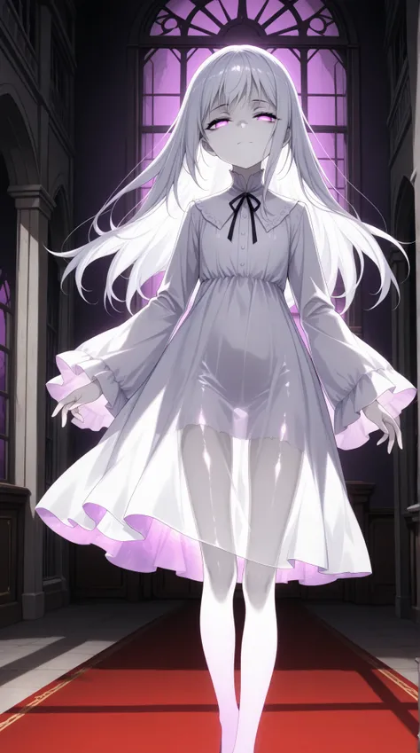 (masterpiece, top quality, highly detailed, incredibly high resolution, high quality anime picture), beautiful young female ghost, (tattered white dress), (white hair, glowing purple eyes, half-closed eyes, glossy lips, split mouth, shadowed face: 1.3, cra...