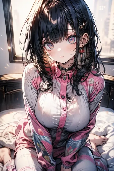 's greatest masterpiece、  Top Quality、8k、 absolutely anatomically accurate、  The Cutest Beautiful Girl in the World  、  A detailed and clear face 、smile、 cute cat pattern pajamas、Lie down on a big bed、Faint lighting、 cheeks、Big Breasts:1.3