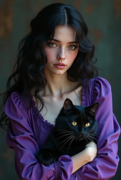 White woman with big black wavy hair in a purple dress holding a black cat with witch features