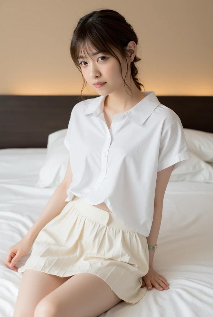 (Masterpiece, Best quality:1.4), (Ultra realistic, Photo-realistic:1.3), (nsfw), Natural light, 30 years old actor, Japanese woman, Neat and clean, ((Wearing white tennis uniform, White short-sleeve polo shirt with collar:1.3)), ((Not buttoned polo shirt:1...