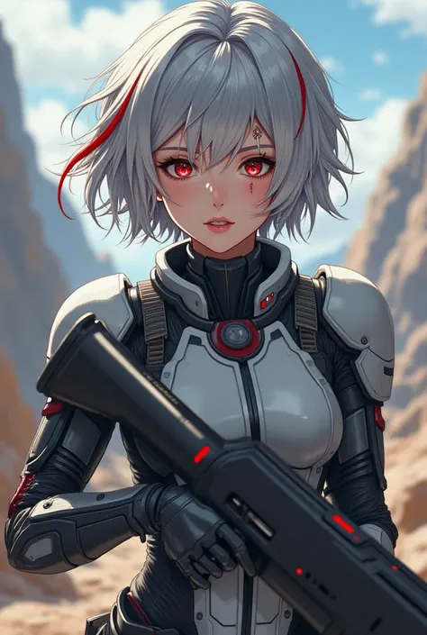  "4K anime style quality, digital drawing mode, dystopian future-themed anime female character, short metallic silver hair with crimson streaks, sharp silver eyes, wearing armored exosuit with battle scars, holding a plasma rifle, Blur the background to cr...