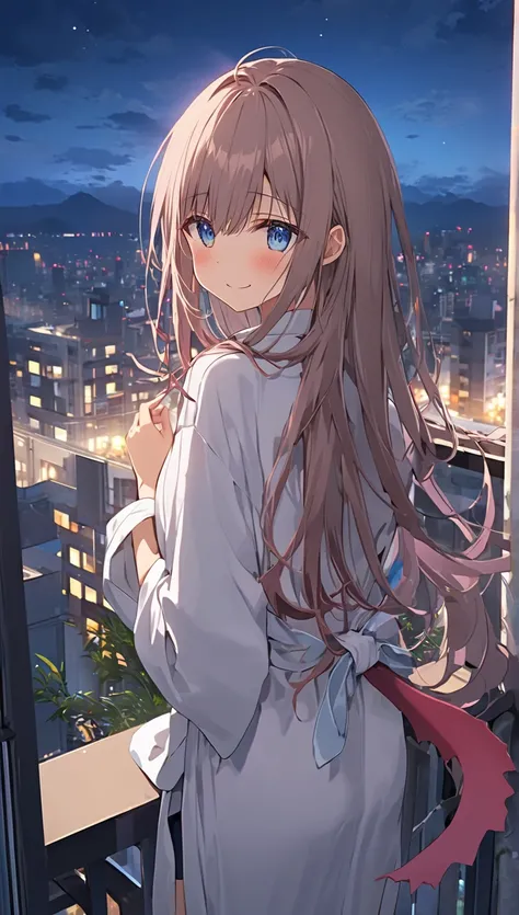 高いquality illustration,  Masterpiece,    very delicate and beautiful   ,   charming girl ,( white bathrobe),thin,  slender body,  slim、Overlooking the night view from a high-rise apartment ,Veranda Background,  princess,   beautiful eyes,smile、  embarrasse...