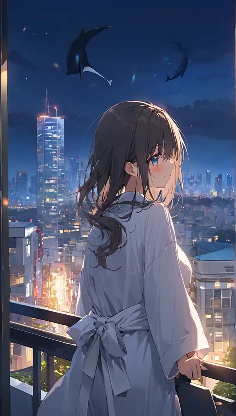 高いquality illustration,  Masterpiece,    very delicate and beautiful   ,   charming girl ,( white bathrobe),thin,  slender body,  slim、Overlooking the night view from a high-rise apartment ,Veranda Background,  princess,   beautiful eyes,smile、  embarrasse...