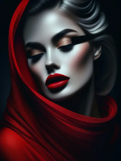 Create a surreal portrait of a woman with a horizontal red blindfold.  The bandage should look like this ,  as if it were made of red cloth or paint , that flows down ,  creating a blood effect .  The woman's lips should be painted with bright red lipstick...