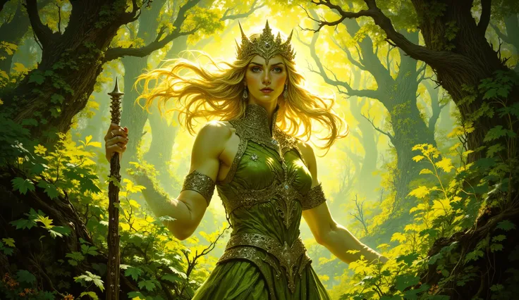 Create an enchanting image of Freya, the Norse goddess of love, beauty, and war. She should be depicted with long flowing hair, adorned with a crown and a shimmering necklace. Freya is standing in a lush, vibrant forest, with soft, golden light filtering t...