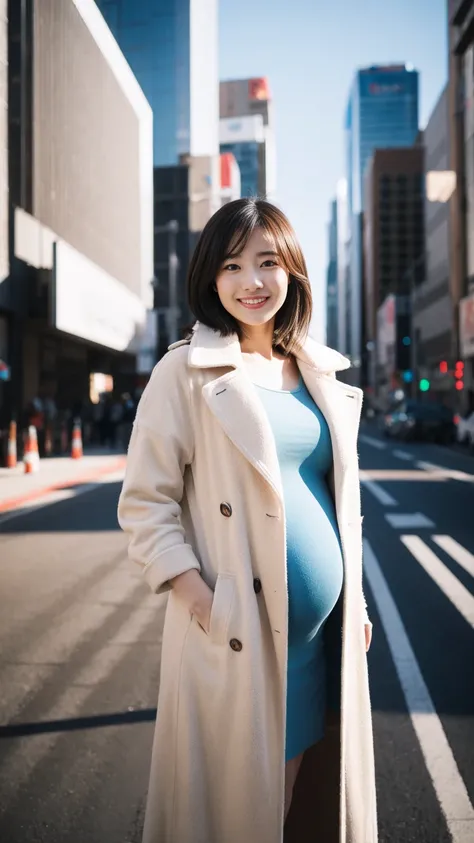 masterpiece, Best Quality, 8K,looking at the viewer,Japanese Lady,20 years old, huge pregnant, Voluptuous, cinema background, A-line coats, sweet smile