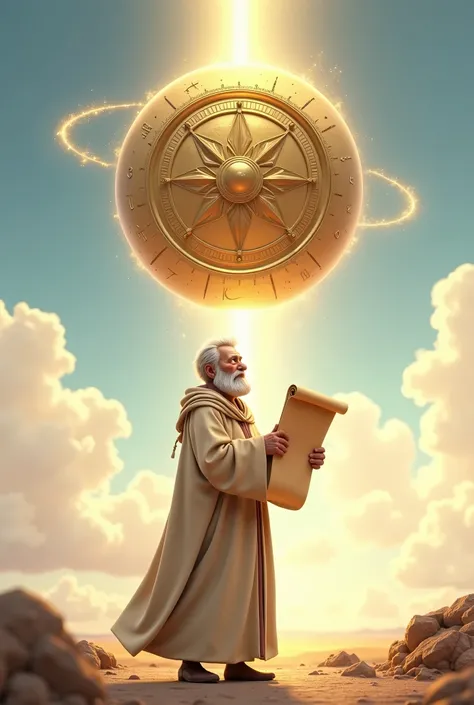  A traveler in beige robes holds an ancient scroll ( representing the Bible ) and looks at the horizon. In the background, a large golden compass floats in the sky ,  representing the Holy Spirit guiding your steps , STYLE 3d animation, disney pixar