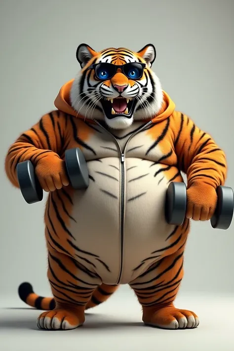 Funny fat tiger in a jogging suit and sunglasses with dumbbells.
Satire Solo ,  high resolution,  smile,  blue eyes, 