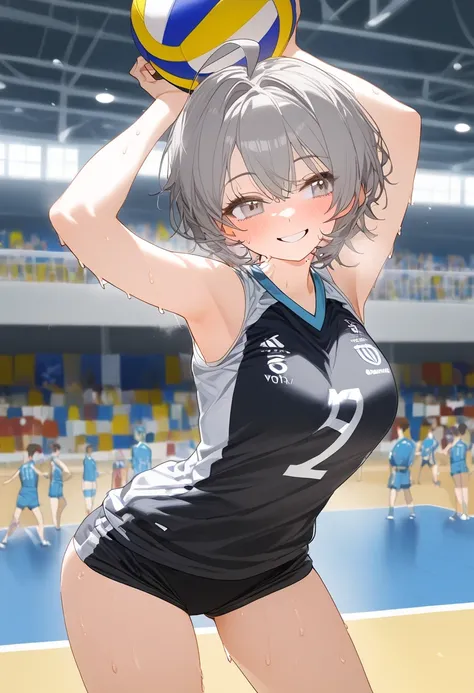 1 girl,  gray eyes, gray hair, short hair, short spiked hair, ahoge hair, flushed, sweating, smiling, slightly bent body, arms up, volleyball uniform, voleyball balon, gymnassium background, full body