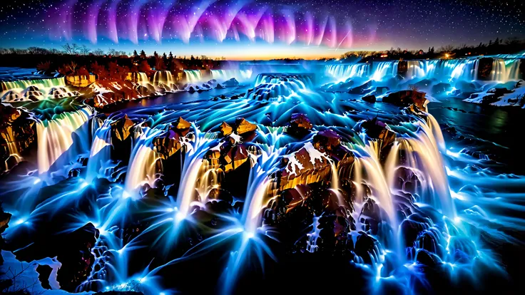 A masterpiece in 32K resolution , Top Quality , very detailed, realistic expression, high-resolution 32K wallpaper , shot with a fisheye lens , The flow of many layers of waterfall , Niagara Falls , spectacular scale ,A very high waterfall ...