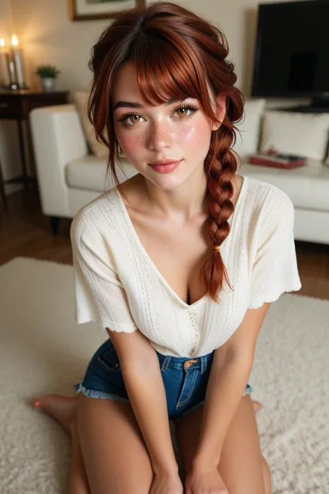 Beautiful 20 year old european  woman with dark auburn hair, bangs, short hair, braided updo, freckles, dimples: 1.3, blushing, hazel eyes, relaxed, living room, down blouse, pov, dim light, plaid flanel shirt, tiny shorts, thin waist, wide hips, high qual...