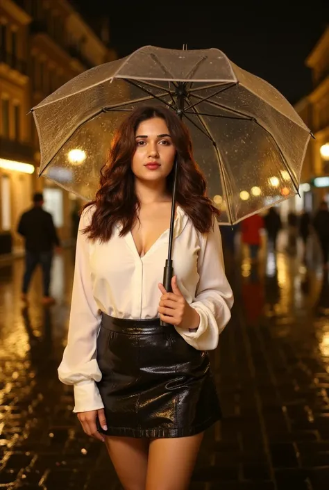 "A woman standing in the middle of a cobblestone street under a gentle rain, wearing a wet, fitted white blouse and a short skirt that clings to her body. Her hair is damp, and raindrops glisten on her skin as she holds a transparent umbrella. Golden light...