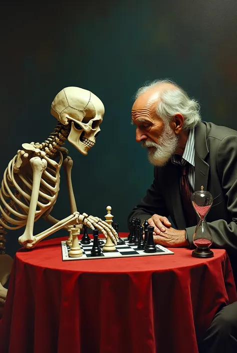 a skeleton and a old man  playing chess  while skeleton makes move with queen sand time in table 
strong contrasts with a combination color ultrarealitic painting table with red cover dark background 