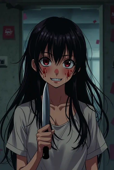 A dramatic anime-style scene depicting a yandere woman with a psychopathic expression holding a knife with slight blood stains. The woman has a twisted smile, intense eyes, and long flowing hair with slight blood stains on her face and hands, enhancing her...