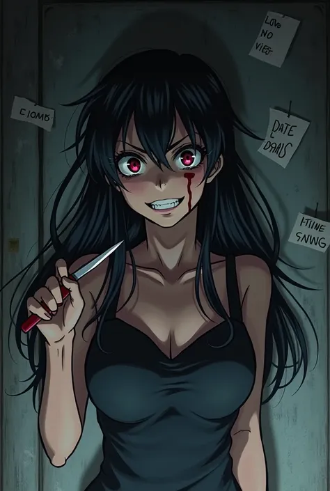 A dramatic anime-style scene depicting a yandere woman with a psychopathic expression holding a knife with slight blood stains. The woman has a twisted smile, intense eyes, and long flowing hair with slight blood stains on her face and hands, enhancing her...