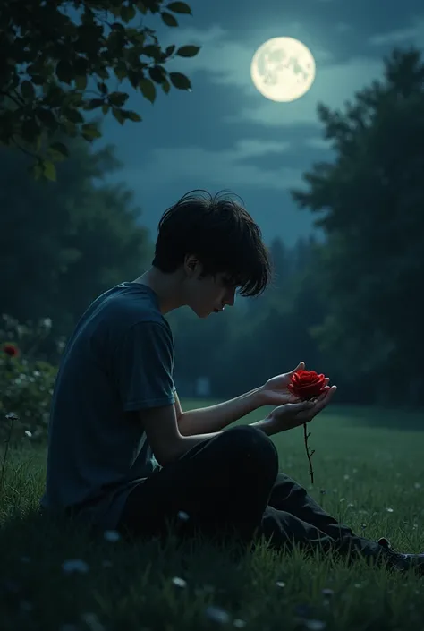 The Desperate Student in the Garden

A young man with dark hair and sorrowful eyes sits on the grass in a moonlit garden. He looks at his empty hands, longing for a red rose. The scene is melancholic, with shadows cast by the trees.
The Nightingale's Searc...