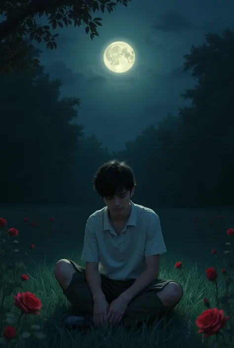 The Desperate Student in the Garden

A young man with dark hair and sorrowful eyes sits on the grass in a moonlit garden. He looks at his empty hands, longing for a red rose. The scene is melancholic, with shadows cast by the trees.
The Nightingale's Searc...