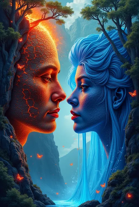 Illustration. The image is a picture of two worlds. Neon ornamentation, patterning, baroque, surrealism. Two faces facing each other, inscribed in the landscape: a volcano mountain and a waterfall. Left profile - male face:: textured stone, with cracks fil...