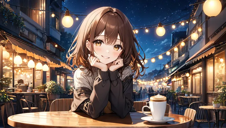  Brown Haired Girl 、 night cafe terrace  very detailed、 Masterpiece,  top quality,  light background ： night cafe terrace ：Gentle smile costume： simple casual wear pose： sit at the table、Scenery with a coffee cup：The silence of the night and the warm light...