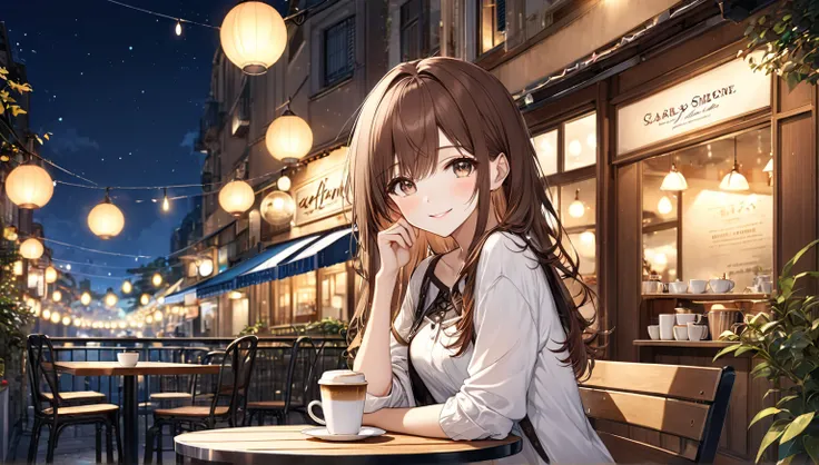  Brown Haired Girl 、 night cafe terrace  very detailed、 Masterpiece,  top quality,  light background ： night cafe terrace ：Gentle smile costume： simple casual wear pose： sit at the table、Scenery with a coffee cup：The silence of the night and the warm light...