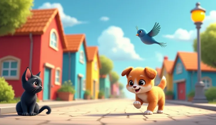 The little dog is walking bouncing along a colorful street. A black kitten sits on the sidewalk watching, and a little blue bird flies above it. The puppy is looking to the side, interacting with the animals.

🎨 Colors and details:

Background: Clear blue ...