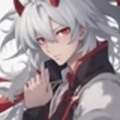 male, tall, muscular, red eyes, white hair, two red horns, wearing modern clothes