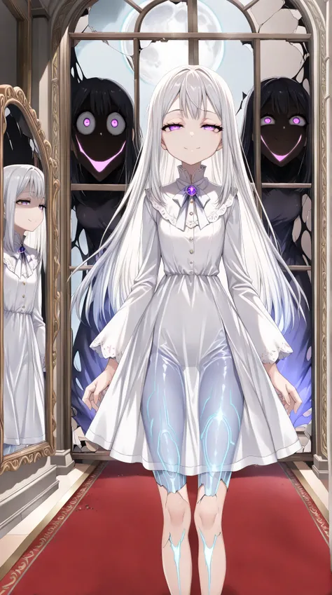 (masterpiece, top quality, highly detailed, incredibly high resolution, high quality anime picture),A young and beautiful female ghost is reflected in the mirror,(tattered white dress),(white hair, glowing purple eyes, half-closed eyes, crazy eyes, glossy ...