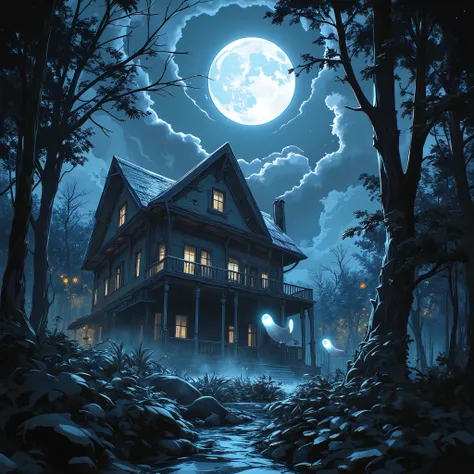 a haunted house in the moonlight, ghostly figures floating and flying, dark and eerie atmosphere, (best quality,4k,8k,highres,masterpiece:1.2),ultra-detailed,(realistic,photorealistic,photo-realistic:1.37),dark moody lighting, dramatic shadows, haunting, s...