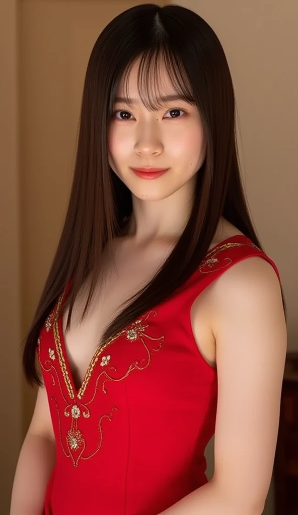 one young  beatiful women named Yamashita Shizuki. She has a light brown very long wavy hair. She is asian pale skin. She is wearing red china dress with gold decoration dress, cleavage cutout, tight mini skirt