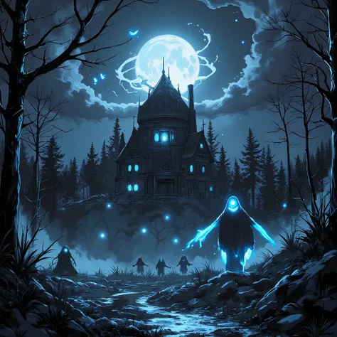 a haunted house in the moonlight, ghostly figures floating and flying, dark and eerie atmosphere, (best quality,4k,8k,highres,masterpiece:1.2),ultra-detailed,(realistic,photorealistic,photo-realistic:1.37),dark moody lighting, dramatic shadows, haunting, s...