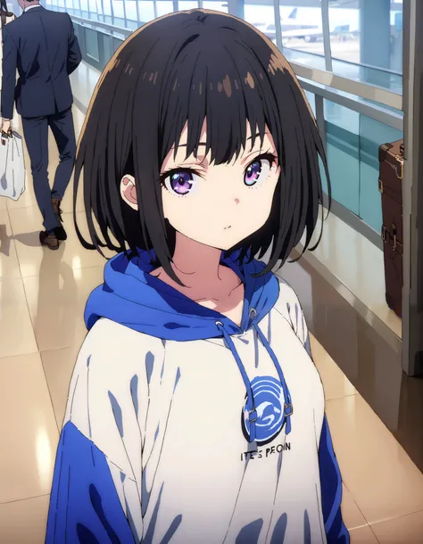  score_9,  score_8_ up the side,  score_7_ up the side,  source_Anime,
Takiuchikami,  check it out, long short hair , bob cut, bangs,   black hair,   purple eyes,
Blue oversized hoodie , white long skirt, Bbo~, suitcases, standing,whole bodyがイラストに入る入るように,
...